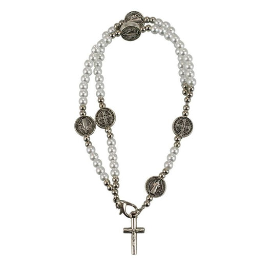 Pulseira Terço Contas Brancas 0.5 CM Crucifixo 7.5 CM - Imagem 2