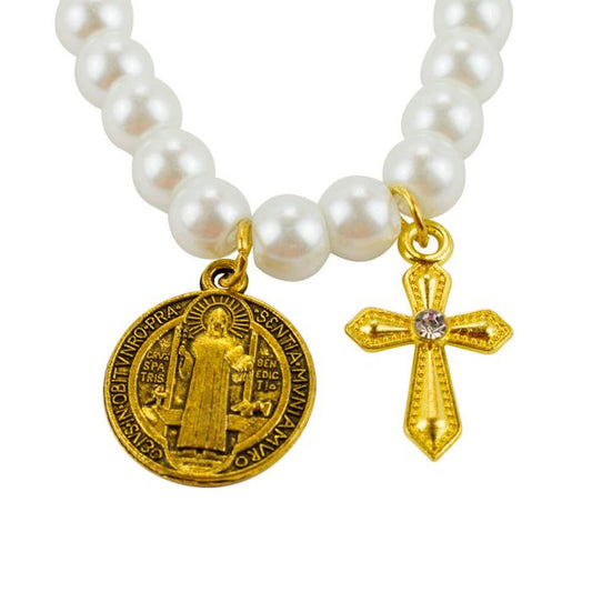 Pulseira Terço Contas Brancas 0.7 CM Medalhão São Bento Crucifixo 6 CM - Imagem 2