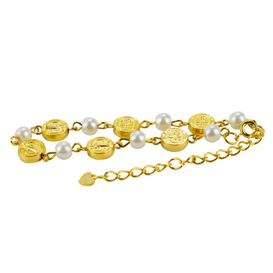Pulseira Terço Contas Brancas 0.7 CM Medalhão São Bento Dourado 7 CM - Imagem 2