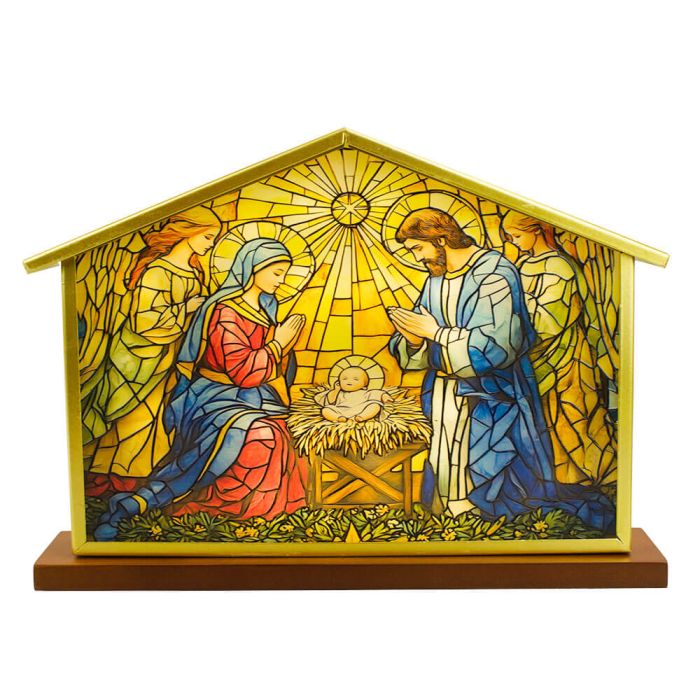 Vitral Presépio Casa Com Luz 20x28 CM