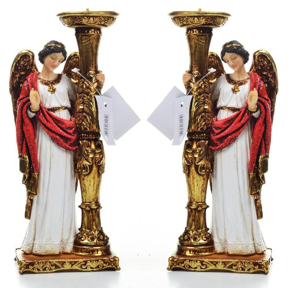 Par de Anjos Manto Vermelho Candelabro 24 CM