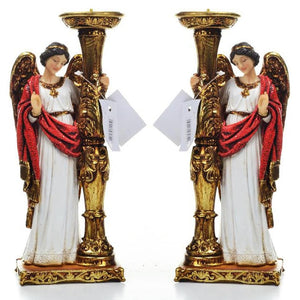 Par de Anjos Manto Vermelho Candelabro 24 CM