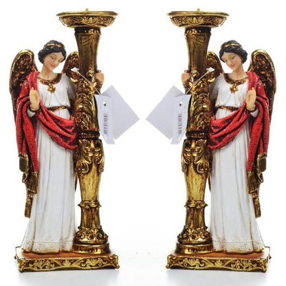 Par de Anjos Manto Vermelho Candelabro 24 CM