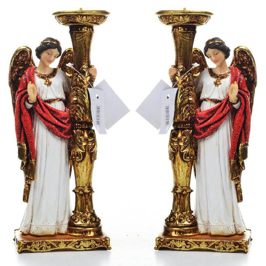 Par de Anjos Manto Vermelho Candelabro 24 CM