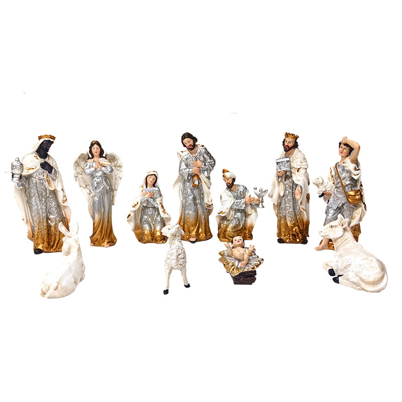PRESÉPIO 20 CM DE ALTURA C/ 11 PEÇAS TRADICIONAL ROUPA PRATA/DOURADA