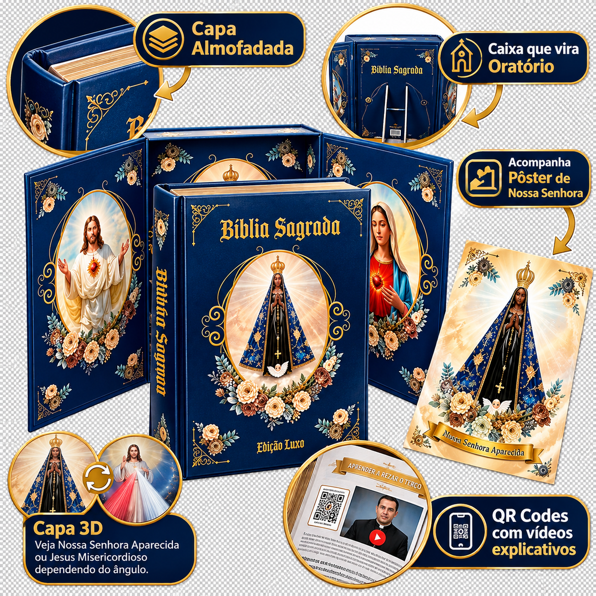 Bíblia Sagrada Católica Ilustrada Nossa Senhora Aparecida Edição Luxo Grande - Caixa Oratório