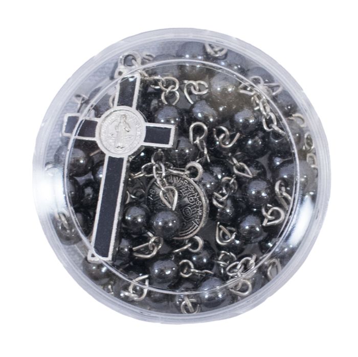 Terço Corrente Prateada Contas 0.7 CM Pretas Acinzentada Enfeite São Bento 48 CM - Imagem 3