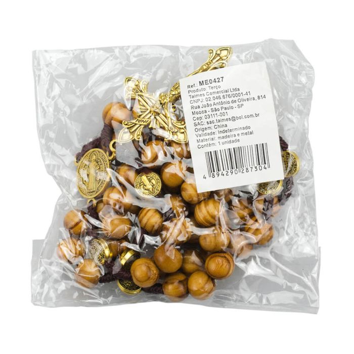 Terço Madeira Contas Marrom 1 CM Enfeite São Bento 44 CM - Imagem 5