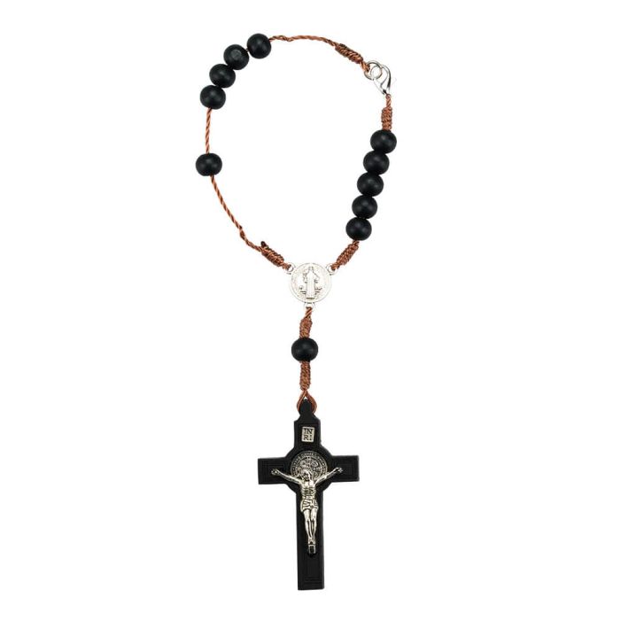 Pulseira Terço Madeira Marrom Medalhão Sâo Bento 18 CM