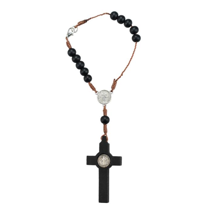 Pulseira Terço Madeira Marrom Medalhão Sâo Bento 18 CM - Imagem 2