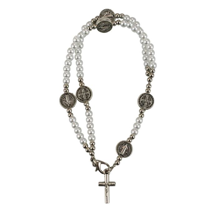 Pulseira Terço Contas Brancas 0.5 CM Crucifixo 7.5 CM - Imagem 2