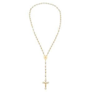 Terço Corrente Dourada Contas 1 CM Brancas Enfeite Nossa Senhora das Graças 57 CM