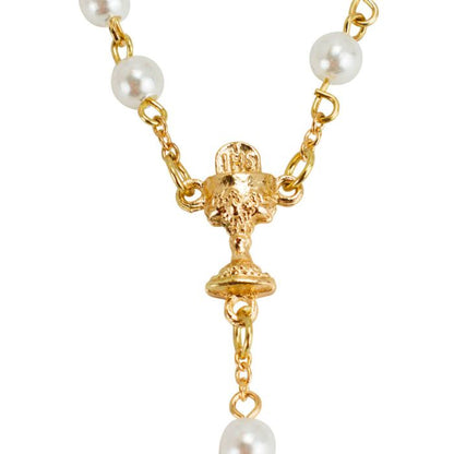 Terço Corrente Dourada Contas 0.7 CM Brancas Cálice 54 CM - Imagem 3