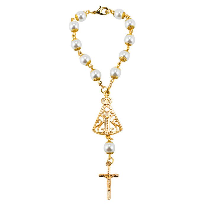 Pulseira Terço Contas Brancas 1 CM Nossa Senhora Aparecida 5 CM - Imagem 2