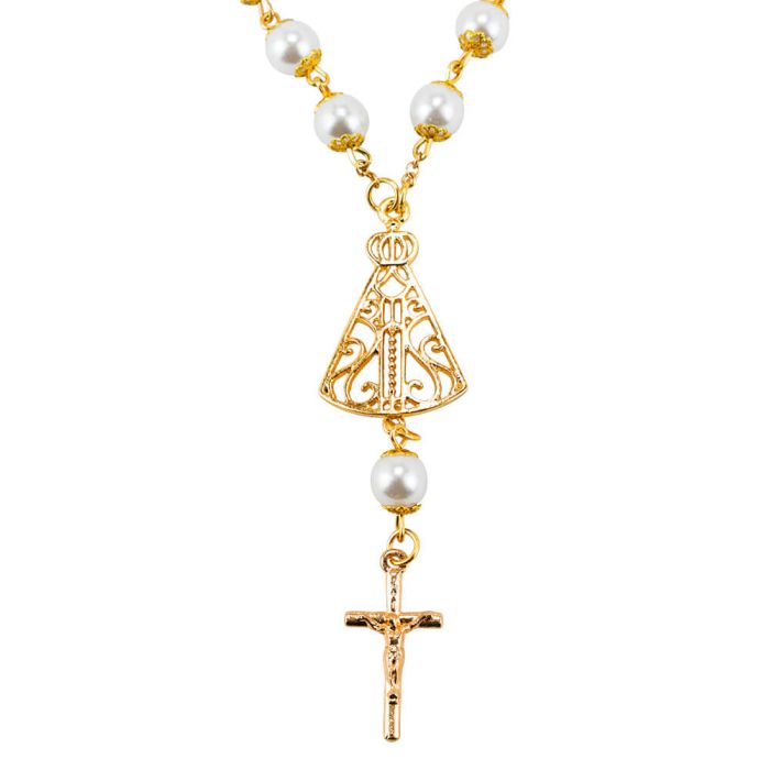 Pulseira Terço Contas Brancas 1 CM Nossa Senhora Aparecida 5 CM - Imagem 3
