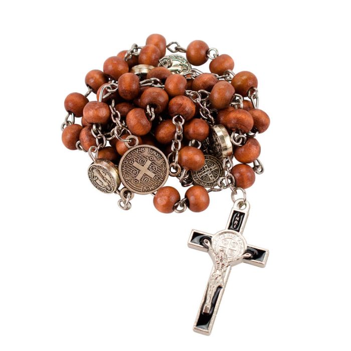 Pulseira Terço Contas Douradas 0.7 CM Medalhão São Bento Crucifixo 6 CM - Imagem 6