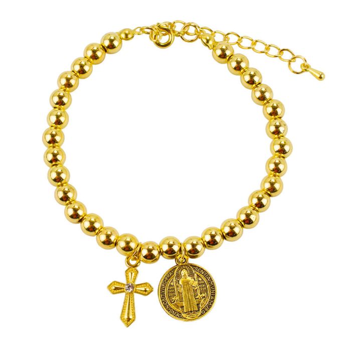 Pulseira Terço Contas Douradas 0.7 CM Medalhão São Bento Crucifixo 6 CM