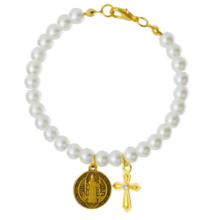 Pulseira Terço Contas Brancas 0.7 CM Medalhão São Bento Crucifixo 6 CM