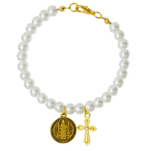 Pulseira Terço Contas Brancas 0.7 CM Medalhão São Bento Crucifixo 6 CM