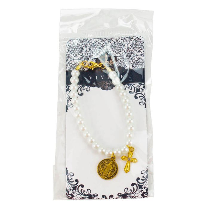 Pulseira Terço Contas Brancas 0.7 CM Medalhão São Bento Crucifixo 6 CM - Imagem 4
