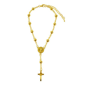 Pulseira Terço Dourado Contas 0.7 CM Medalhão São Bento Crucifixo 9 CM