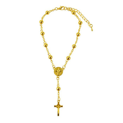 Pulseira Terço Dourado Contas 0.7 CM Medalhão São Bento Crucifixo 9 CM