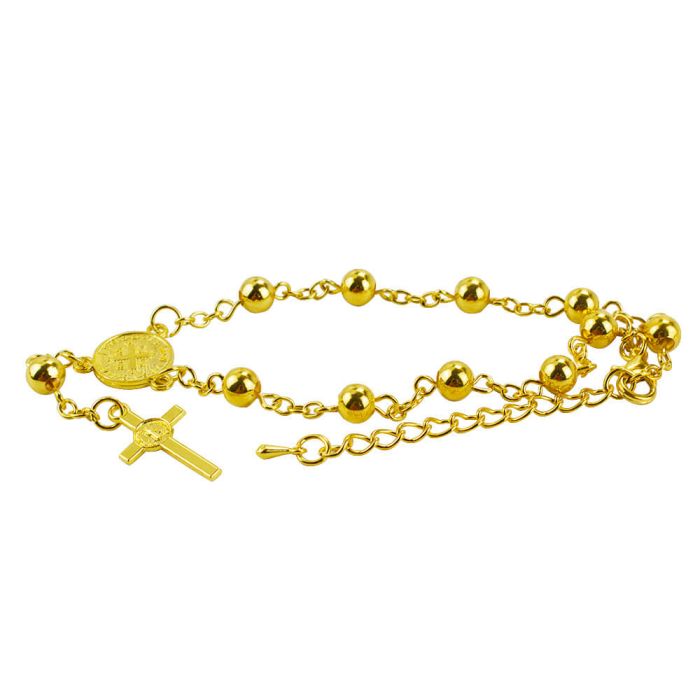 Pulseira Terço Dourado Contas 0.7 CM Medalhão São Bento Crucifixo 9 CM - Imagem 2