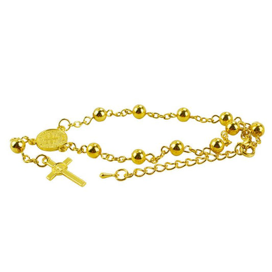 Pulseira Terço Dourado Contas 0.7 CM Medalhão São Bento Crucifixo 9 CM - Imagem 2