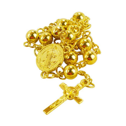 Pulseira Terço Dourado Contas 0.7 CM Medalhão São Bento Crucifixo 9 CM - Imagem 3