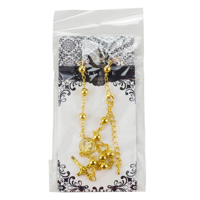 Pulseira Terço Dourado Contas 0.7 CM Medalhão São Bento Crucifixo 9 CM - Imagem 4
