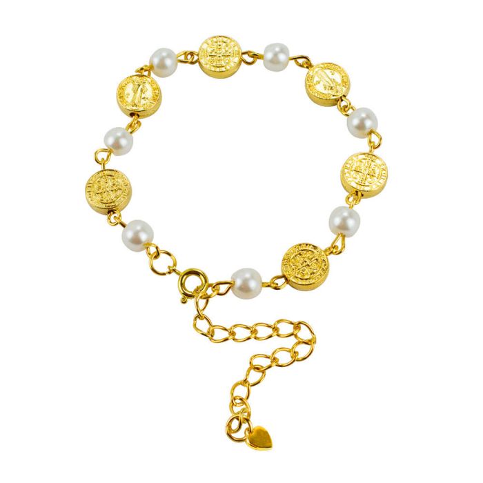 Pulseira Terço Contas Brancas 0.7 CM Medalhão São Bento Dourado 7 CM