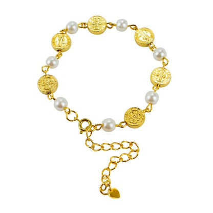 Pulseira Terço Contas Brancas 0.7 CM Medalhão São Bento Dourado 7 CM