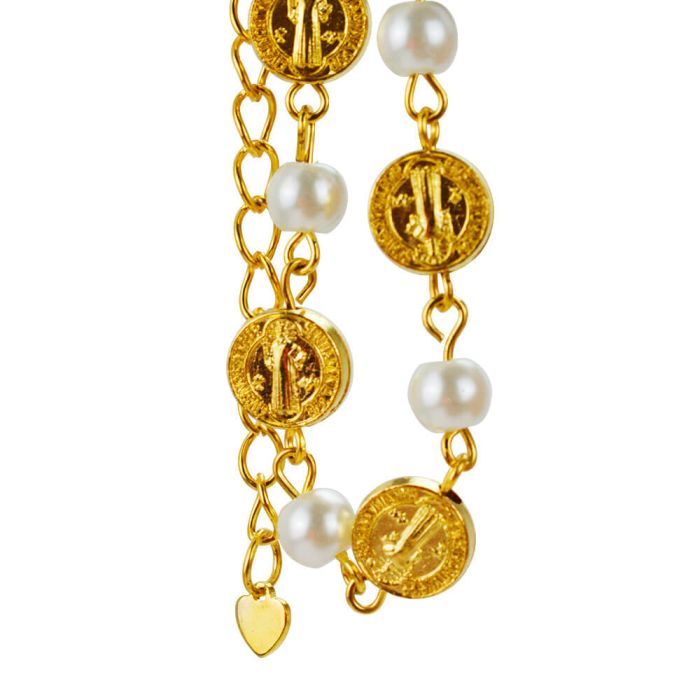 Pulseira Terço Contas Brancas 0.7 CM Medalhão São Bento Dourado 7 CM - Imagem 3