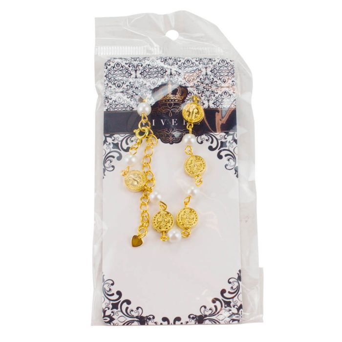 Pulseira Terço Contas Brancas 0.7 CM Medalhão São Bento Dourado 7 CM - Imagem 4