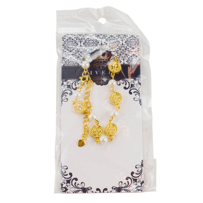 Pulseira Terço Contas Brancas 0.7 CM Medalhão São Bento Dourado 7 CM - Imagem 4