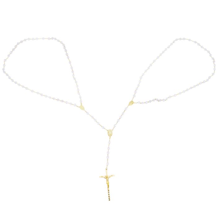 Terço Casamento Contas Perolas Cruz Dourada 83 CM