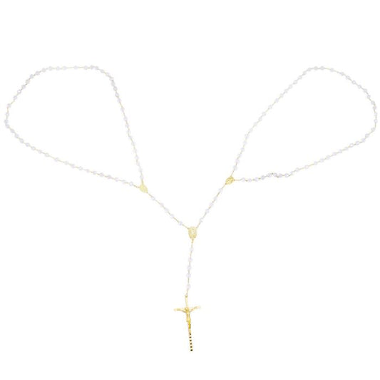 Terço Casamento Contas Perolas Cruz Dourada 83 CM